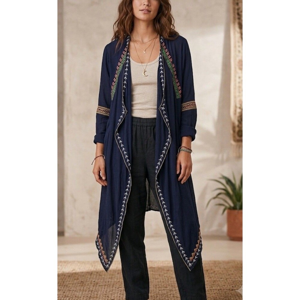 Hot & Delicious Kimono Medium Long Sleeve Navy Embroidered Boho Hippie